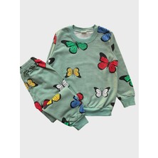 Kız Çocuk Pamuklu Şardonlu Yeşil Kelebek Desenli Uzun Kollu Kışlık Pijama Takımı