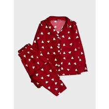 Kız Çocuk Pamuklu Süet Kırmızı Kalp Desenli Gömlek Yaka Boydan Düğmeli Uzun Kollu Pijama Takımı