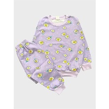 Kız Çocuk Pamuklu Lila Çiçek Papatya Desenli Uzun Kollu Mevsimlik Pijama Takımı
