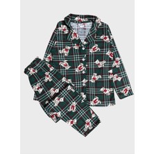 Kız Çocuk Pamuklu Yeşil Ekose Ayıcık Desenli Uzun Kollu Gömlek Yaka Düğmeli Mevsimlik Pijama Takımı