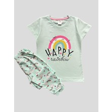 Kız Çocuk %100 Pamuklu Gökkuşağı Desenli Yeşil Kısa Kollu Pijama Takımı