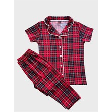 Kız Çocuk %100 Pamuklu Kırmızı Ekose Desen Milan Kumaş Gömlek Yaka Düğmeli Kısa Kollu Pijama Takımı