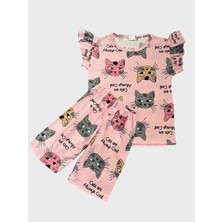 Kız Çocuk Pamuklu Pembe Kedi Desenli Kısa Kollu Şortlu Yazlık Pijama Takımı