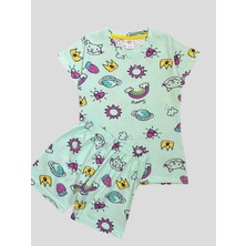 Kız Çocuk %100 Pamuklu Gökkuşağı Kedi Kalp Desenli Yeşil Kısa Kollu Şortlu Yazlık Pijama Takımı