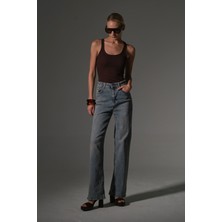 Üksek Bel, Esnek Denim Kumaş Geniş Paça Palazzo Kadın Kot Jean Pantolon @cesena