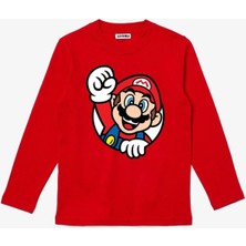 Uzun Kollu Mario Baskılı Pamuklu Çocuk Tişört
