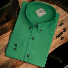 Linen Keten Klasik %100 Cotton Uzun Kollu Slim-Fit  Terletmeyen Yeşil Gömlek (Regular Kalıp)