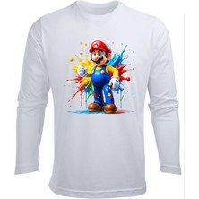 Uzun Kollu Renkli Mario Baskılı Çocuk Pamuklu Tişört