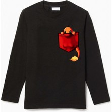 Uzun Kollu Charmander Cep Baskılı Çocuk Pamuklu Tişört