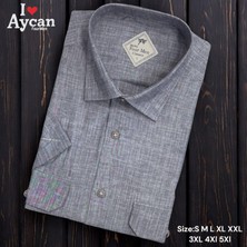 Linen Keten Klasik Kısa Kollu Iki Cepli Kapaklı Gri Baba Gömleği (Regular Kalıp)