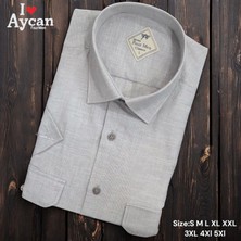 Linen Keten Klasik Kısa Kollu Iki Cepli Kapaklı Gri Baba Gömleği (Regular Kalıp)