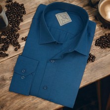 Linen Keten Klasik %100 Cotton Uzun Kollu Slim-Fit  Terletmeyen Mavi Gömlek (Regular Kalıp)