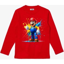 Uzun Kollu Renkli Mario Baskılı Çocuk Pamuklu Tişört