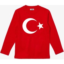 Uzun Kollu Ay-Yıldız Bayrak Baskılı 29 EKİM Baskılı Pamuklu Çocuk Tişört
