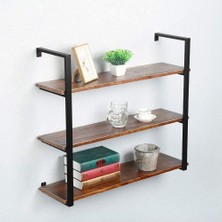 Hitit Dekorasyon Tasnia Siyah Metal Ahşap Duvar Rafı 90CM 3 Katlı