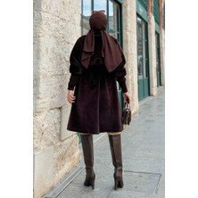 Bel Kuşaklı Yaka Taş Broş Detaylı Kaban 7874 Kahverengi