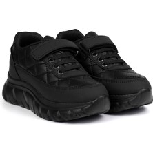 Unisex Çocuk Siyah Bağcıklı Cırtlı Sneaker Rahat Spor Ayakkabı
