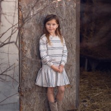 Antebies Organik Bej Lacivert Dikey Çiçek Desenli Volanlı Uzun Kollu Kız Çocuk Elbise