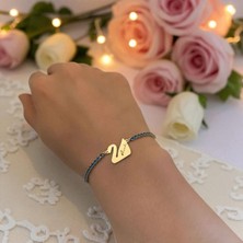 14 Ayar Plakalı Altın Hande Ismine Özel Mavi Taş Desenli Kuğu Kuşu Figürlü Hediye BILEKLIK-600ISIM