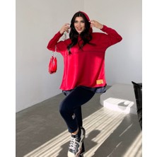 Deridün Yıldız Shoes Kadın Kırmızı Kapşonlu Etek Ucu Detay Arma Ters Dikiş Gorunumlu Ikili Takım