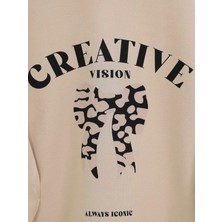 Yuvarlak Yaka Fiyonk Baskılı Leopar Etekli Takım -Bej