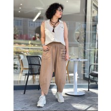 Kadın Büyük Beden Sıfır Kol Gömlek Yaka Cep Detaylı Ahşap Düğmeli %100 Pamuk Yelek Bluz