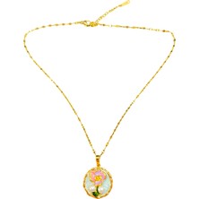 Fm Inci Renk Gül Model Yeşil Yapraklı Metal Kısımlar Gold Renk Sanat Esintili Çelik Kolye