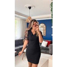 Deridün Yıldız Shoes Kadın Kısa Kollu Dantelli V Yakalı Yanlardan Büzgülü Çapraz Detaylı Ithal Krep Elbise