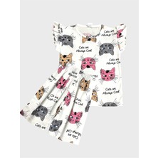 Kız Çocuk Pamuklu Beyaz Kedi Desenli Kısa Kollu Şortlu Yazlık Pijama Takımı