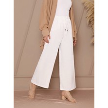 Bağcık Detaylı Bol Paça Beli Lastikli Pantolon -Beyaz