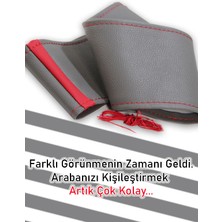 Toyota Corolla Gri Özel Süper Deri Kırmızı Yüzüklü Dikişli Direksiyon Kılıfı