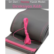 Mercedes B Gri Özel Süper Deri Pembe Yüzüklü Dikişli Direksiyon Kılıfı