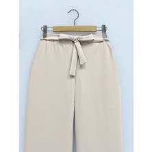 Beli Lastikli Bağlamalı  Bol Paça Pantolon  -Bej