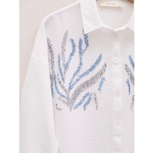 Önü Pul Payetli Uzun Gömlek -Beyaz