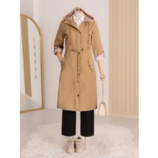 Astarı Çizgili Trençkot Vizon Kadın Uzun Kol Orta Kalınlık Özellikli