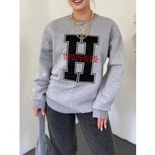 Önü Nakışlı Bisiklet Yaka Sweat Tunik -Gri