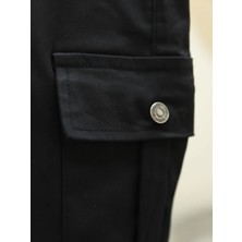 Beli ve Paçası Lastikli Bağcıklı Kargo Kot Pantolon -Siyah