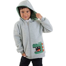 Dinozor Erkek Çocuk Fermuarlı Kapüşonlu Gri Sweatshirt
