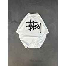 Unisex Bisiklet Yaka Baskılı Oversize T-Shirt - Beyaz