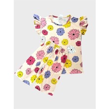 Kız Çocuk Pamuklu Yavruağzı Renk Çiçek Desenli Kısa Kollu Yazlık Şortlu Pijama Takımı