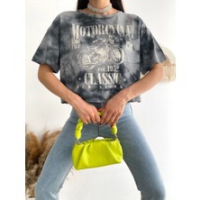 Motosiklet Baskılı Yıkamalı Crop Tişort -Gri