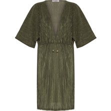 V Yaka Kanal Büzgülü Piliseli Saten Haki Tunik