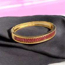 Gold Pembe Sıralı Taşlı Şık Kadın Çelik Kelepçe
