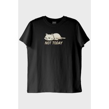 Nuugg Yorgun Kedi Mizahi Not Today Siyah Tişört