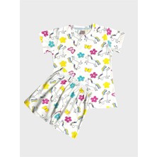 Kız Çocuk %100 Pamuklu Beyaz Unıcorn Kelebek Desenli Kısa Kollu Şortlu Yazlık Pijama Takımı