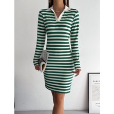 Yakalı Çizgili Uzun Kol Elbise -Yeşil