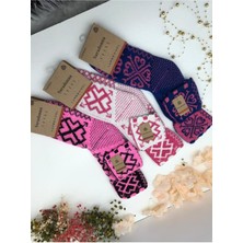 Kadın Katlamalı Etnik Detaylı Lambswool El Örmesi 3 Lü Karma Desen Yumoş Dokulu Termal Çorap