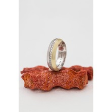 Broseli Altın Renk Şeritli Bayan Gümüş Alyans