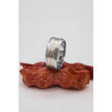 Rodyumlu Altın Renk Şerit Geçişli Unisex Gümüş Alyans