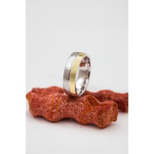 Broseli Altın Renk Şeritli Unisex Gümüş Alyans